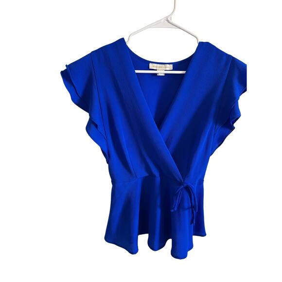 Monteau Women's Medium Blue Faux Wrap Ruffle Short Sleeve V-Neck Blouse - Picture 4 of 10